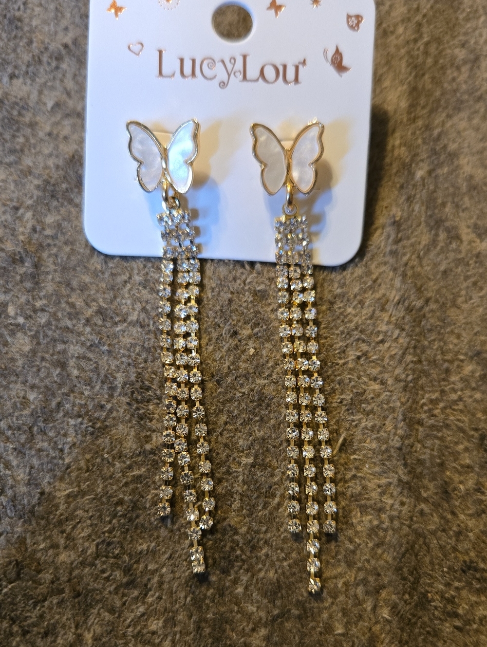 3/$10 Bundle Deals Butterfly Drop Earrings White Inlay and Rhinestone Tassels